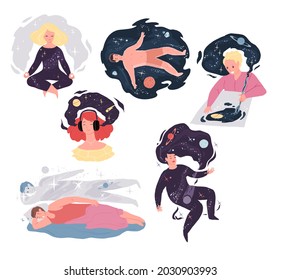 Set of vector cartoon characters in graphic metaphors for creative positive mind work.Meditation,music listening,drawing,imagination,lucid dreams-human brain inner world concept,web site design