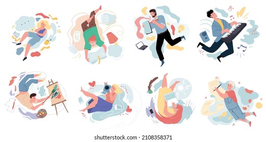 Set of vector cartoon characters in graphic metaphors for various hobbies-reading,music creation,drawing,photography,writing.Creative positive mind work,labor of love,hobby concept,web site design