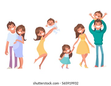 Set of vector cartoon characters. Vector illustration in a flat style. The stages of development of the family.
Pregnant Women, birth of children. Father keep son in his arms. 