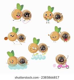 Set of vector cartoon characters Longan, funny vegetables, fruits. Fresh harvest, exotic, organic, vegetarian products, children's birthday, price tag, sticker.