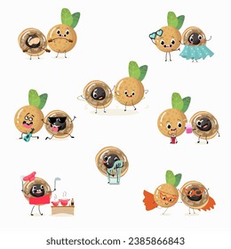 Set of vector cartoon characters Longan, funny vegetables, fruits. Fresh harvest, exotic, organic, vegetarian products, children's birthday, price tag, sticker.