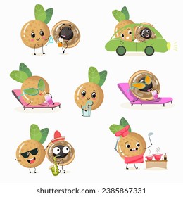 Set of vector cartoon characters Longan, funny vegetables, fruits. Fresh harvest, exotic, organic, vegetarian products, children's birthday, price tag, sticker.