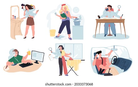 Set of vector cartoon characters with many hands,multitasking metaphor.Various people who manage everything,perform several tasks at same time at work and at home-effective time management concept