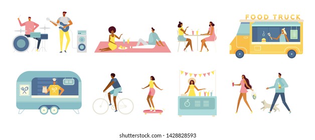 Set of vector cartoon characters. Men and women relax, walk, eat together, play music, ride a skate and bike, sell fast food and drinks in the truck. Summertime modern illustration, white isolated. 