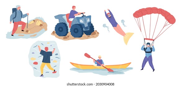 Set of vector cartoon characters in outdoor activities scenes,they ride ATV,do diving and rock climbing,parachute jumping,trekking,kayaking-sporty healthy lifestyle concept,web site banner design