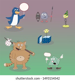 Set of vector cartoon characters pyramid, cat, penguin and spring on a colored background for the design of cards, calendars, posters.