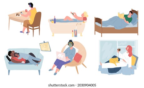 Set of vector cartoon characters resting and relaxing in various ways,taking bath,watching TV,reading in bed,drinking coffee,using laptop-healthy lifestyle,leisure time concept,web site banner design