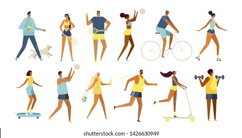 Set of vector cartoon characters. Young men and women have a fun time, go in for sports, ride a bike, roller skate, scooter, play ball. Healthy lifestyle in the fresh air. Flat design, white isolated 