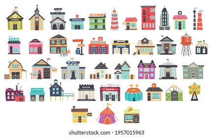 Set of vector cartoon children's buildings. Nursery design for the map creator. Vector illustration