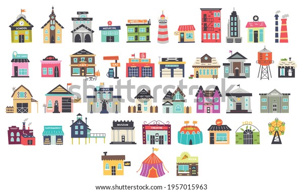 Set of vector cartoon\
children\'s buildings. Nursery design for the map creator. Vector\
illustration