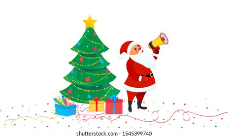Set of vector cartoon christmas design elements with cute Santa Claus holding megaphone, tree, gift boxes, confetti. Happy New year greeting card template. Clipart
