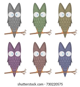 set vector cartoon clip art illustration of a cute owl mascot. isolated on white background. flying bird with big eyes sitting on a branch. different color