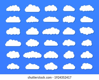 Set of vector cartoon clouds on a blue background. Set of sky.