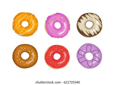 Set of vector cartoon colorful delicious donuts isolated on white background