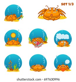 Set of vector cartoon crabs in water bubbles with different face expression. Illustrations of kawaii anime crab, perfect for icons, prints, stickers or smiles. Abstract design