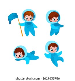 Set Vector cartoon cute astronaut. Vector illustration for t-shirt prints, greeting cards, parties, posters, stickers or decor