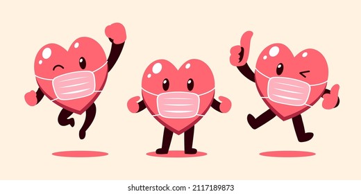 Set of vector cartoon cute heart character wearing protective mask for design.