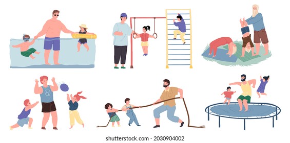 Set of vector cartoon dad and kids characters doing sports together,they swim in pool,play ball,tug-of-war,do gymnastics,jump on trampoline-sporty healthy family relationships concept,web site design