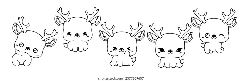 Set of Vector Cartoon Deer Coloring Page. Collection of Kawaii Isolated Animal Outline for Stickers, Baby Shower, Coloring Book, Prints for Clothes. 