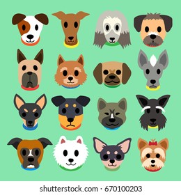Set of vector cartoon different type dog faces