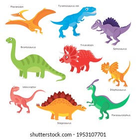 Conjunto de dinosaurios vectoriales de dibujos animados aislados en blanco. Spinosaurus, Pteranodon, Dilophosaurus, T-Rex, Parasaurolophus, Stegosaurus, Velociraptor, Triceratops, Brontosaurus.