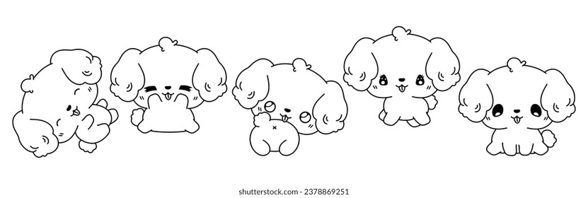 Set von Vektor Cartoon Dog Farbseite. Kollektion von Kawaii Bichon Frise Hund Outline für Aufkleber, Baby Dusche, Farbbuch, Drucke für Kleidung. 