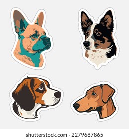 set of vector cartoon dog face types for stickers. Vector cartoon illustration of different dog breeds in trendy flat style.