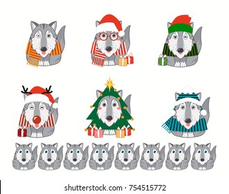 Set of vector cartoon dog in flat style. Illustration of kawaii husky, malamutes with Christmas masquerade outfits: Santa Claus, deer, Elf, Christmas tree. Abstract cartoon animals isolated 