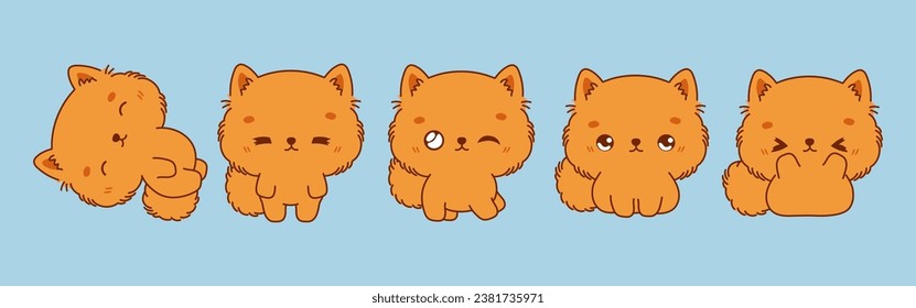 Set of Vector Cartoon Dog Illustrations. Collection of Kawaii Isolated Pomeranian Puppy Art for Stickers, Prints for Clothes, Baby Shower, Coloring Pages. 