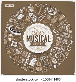 Set of vector cartoon doodle classic musical instruments and objects collected in a circle border. Classical music card design
