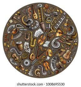 Set of vector cartoon doodle classic musical instruments and objects collected in a circle. Classical music subjects
