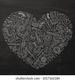 Set of vector cartoon doodle classic musical instruments and objects collected in a heart Classical music subjects