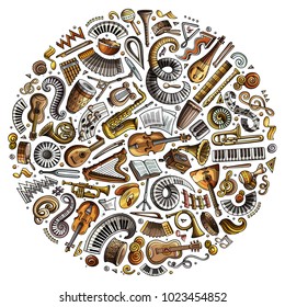 Set of vector cartoon doodle classic musical instruments and objects collected in a circle. Classical music subjects