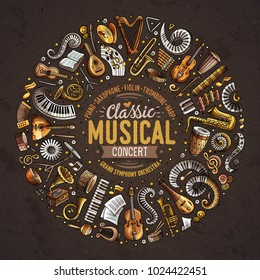 Set of vector cartoon doodle classic musical instruments and objects collected in a circle border. Classical music card design