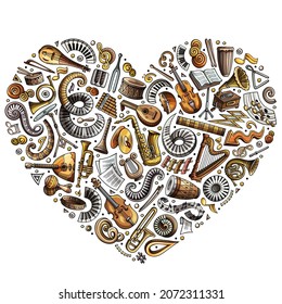 Set of vector cartoon doodle classic musical instruments and objects collected in a heart Classical music subjects