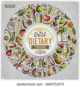 Set of vector cartoon doodle Diet food objects collected in a round border. Dietic card design