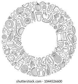 Set of vector cartoon doodle Diet food objects collected in a round border