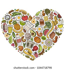 Set of vector cartoon doodle Diet food objects collected in a heart. Dietic subjects collection