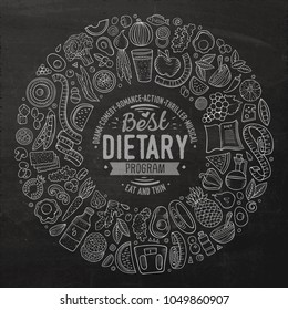 Set of vector cartoon doodle Diet food objects collected in a round border
