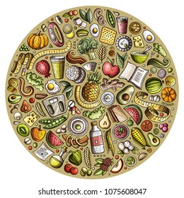 Set of vector cartoon doodle Diet food objects collected in a circle. Dietic subjects collection