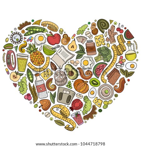 Set of vector cartoon doodle Diet food objects collected in a heart. Dietic subjects collection