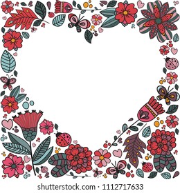 Set of vector cartoon doodle flowers, leafs, butterflies, ladybugs collected in a heart composition. Vector floral elements hand drawn. EPS10
