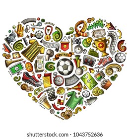 Set of vector cartoon doodle Football objects collected in a heart. Soccer elements collection.