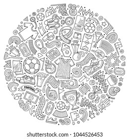 Set of vector cartoon doodle Football objects collected in a circle. Soccer subjects collection