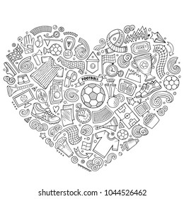 Set of vector cartoon doodle Football objects collected in a heart. Soccer subjects collection
