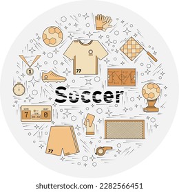 Set of vector cartoon doodle Football objects collected in a round border.