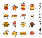 Set of vector cartoon doodle icons junk food. Illustration of comic fast food. Patch, badge