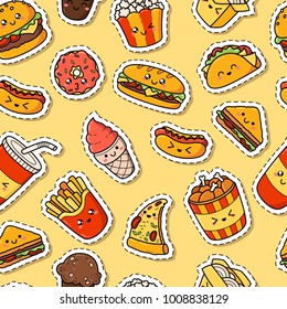 Set of vector cartoon doodle icons junk food. Illustration of comic fast food. Seamless texture, pattern, wallpaper, background. Signs and symbols. Patch, badge