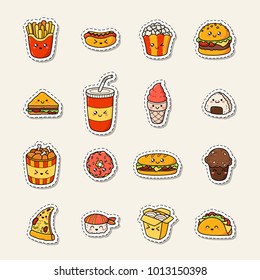 Set of vector cartoon doodle icons junk food. Illustration of comic fast food. Patch, badge