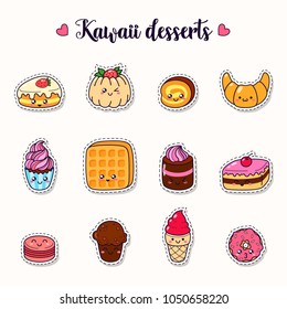 Set of vector cartoon doodle icons dessert, cake, ice cream, sweets food. Illustration of comic baking. Patch, badge. Template for printing, cards, T-shirts, sweatshirt. Cute characters
